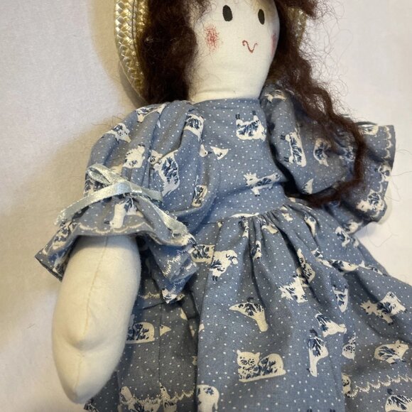 Handmade Rag Doll 16" Signed Char Blue Farm Animal Calico Dress Straw Hat Bloome - Picture 9 of 10